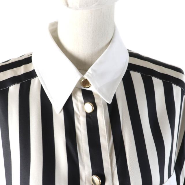 極美品★SAINT LAURENT PARIS サンローランパリ 2022年製 694156 シルク100％ 金ボタン付 ストライプ 長袖シャツ ブラック ベージュ 38 シャツ