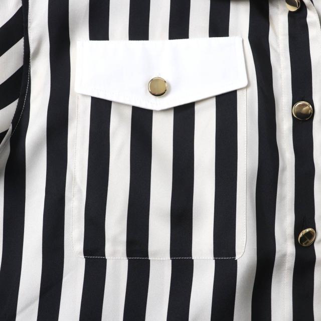 極美品★SAINT LAURENT PARIS サンローランパリ 2022年製 694156 シルク100％ 金ボタン付 ストライプ 長袖シャツ ブラック ベージュ 38 シャツ