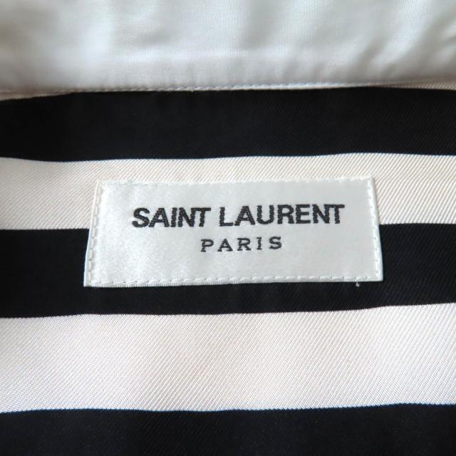極美品★SAINT LAURENT PARIS サンローランパリ 2022年製 694156 シルク100％ 金ボタン付 ストライプ 長袖シャツ ブラック ベージュ 38 シャツ