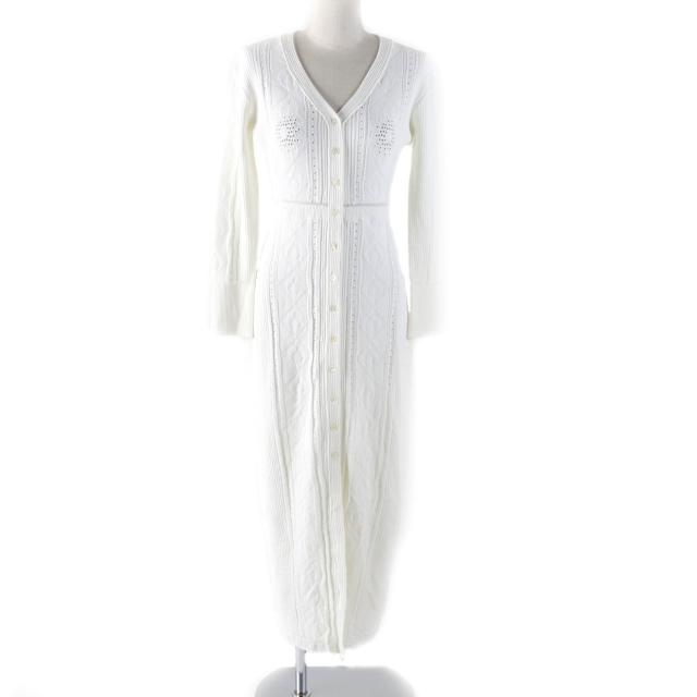 未使用品★Marine Serre WHITE LINE マリーンセルホワイトライン シェルボタン付 Vネック 長袖 超ロング丈 ニットワンピース ホワイト S