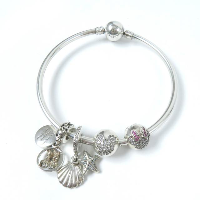 美品☆Pandora Disney パンドラ ディズニー チャーム4個 レザーダブルブレスレット リング2個・バングル2個セット SV925 レディース_1
