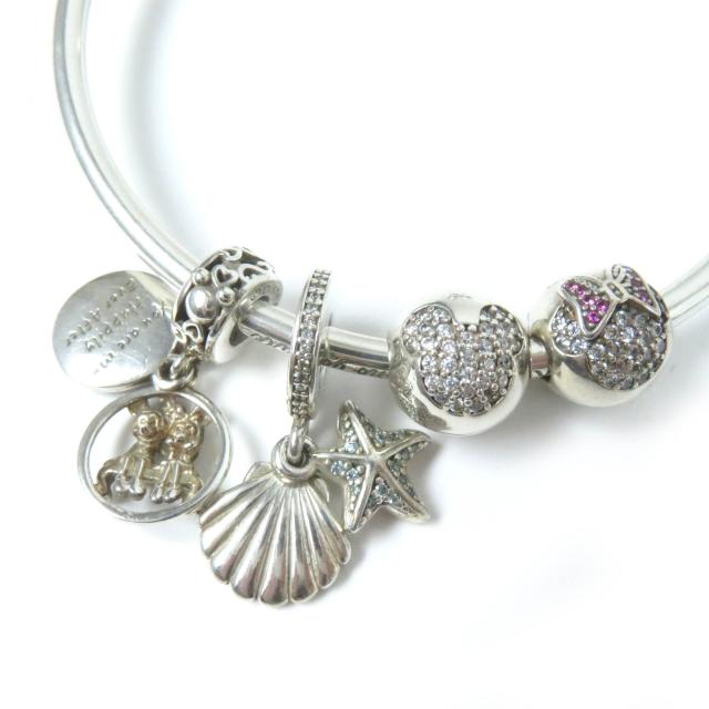 美品☆Pandora Disney パンドラ ディズニー チャーム4個 レザーダブルブレスレット リング2個・バングル2個セット SV925 レディース_5