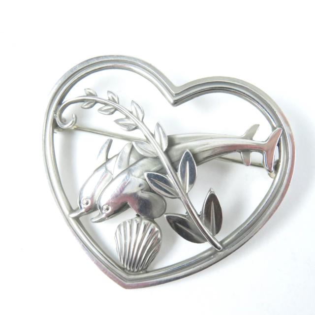 美品☆Georg Jensen ジョージジェンセン 312 イルカ シェル ハート アクセサリー ブローチ SV925 シルバー デンマーク製 重量13.2g