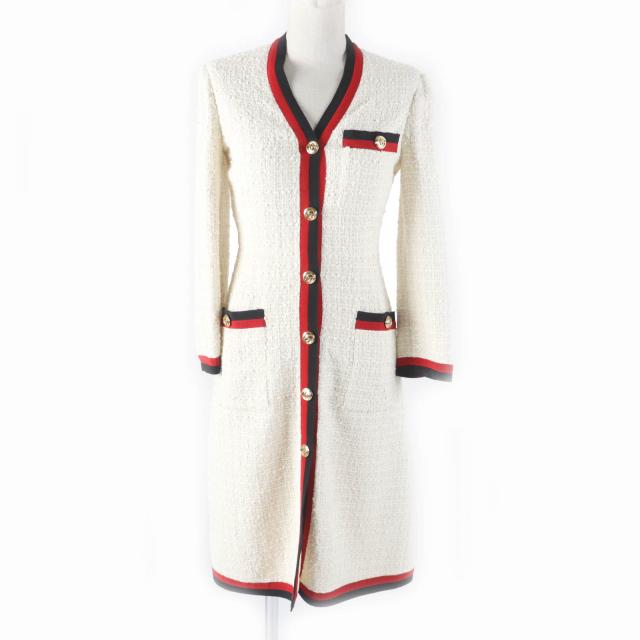 極美品★GUCCI グッチ 19SS 551562 GGボタン付 ウェブライン Vネック ツイード ロング ワンピース オフホワイト 36 正規品 レディース