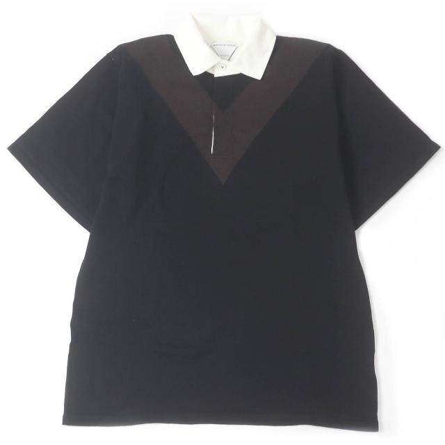 美品□BOTTEGAVENETA ボッテガヴェネタ 2020年製 648838 イントレチャート Vデザインステッチ 半袖 ニットポロシャツ 黒 XL 伊製 正規品