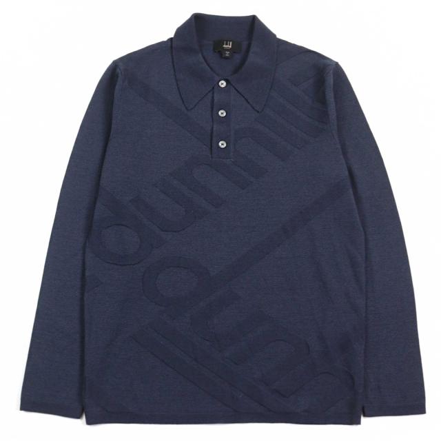未使用品○Dunhill ダンヒル シルク混 ロゴ刺繍 ポロカラー 薄手 長袖 ニットポロシャツ ネイビー S イタリア製 正規品 メンズ