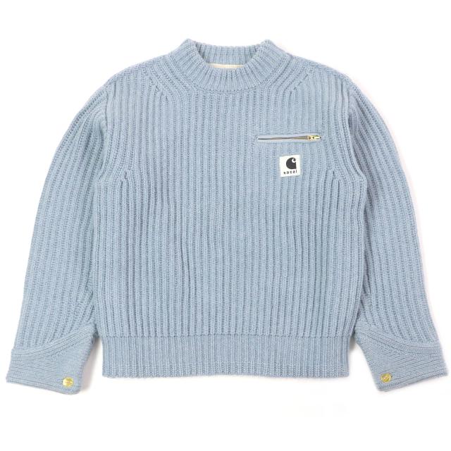 極美品□Sacai Carhartt  サカイ カーハート 23AW 23-03112M Knit Pullover Detroit ケーブルニット セーター ライトブルー 1 正規品