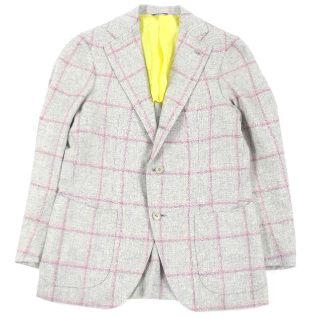 極美品□Gabo ガボ ウール100％ ウィンドウペン シングル アンコンジャケット テーラードジャケット ブレザー グレー ピンク 48 メンズ