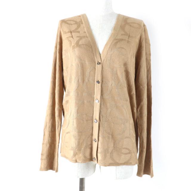 未使用品☆サルヴァトーレフェラガモ カシミヤ シルク ガンチーニ総柄 ヴァラボタン ニット カーディガン ベージュ XL 正規品 レディース