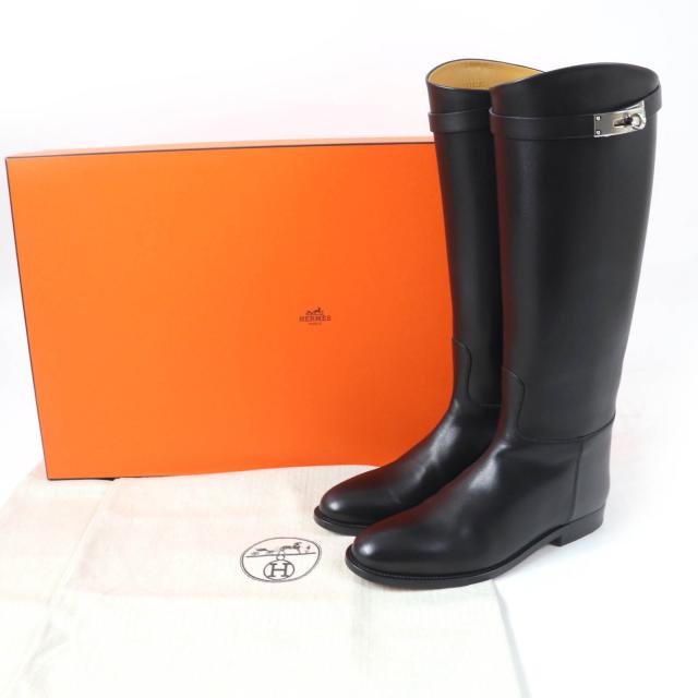 未使用品☆HERMES エルメス シルバー金具 ケリーバックル レザー ジャンピング ロングブーツ ブラック 37 箱・保存袋付 伊製 レディース_1