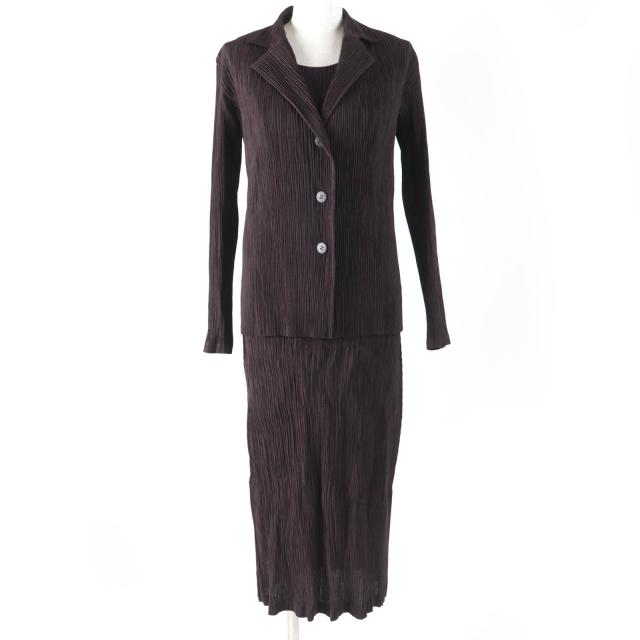 未使用品☆ISSEY MIYAKE イッセイミヤケ プリーツシャツ・ノースリーブ ロングワンピース アンサンブル ダークブラウン 2 正規品