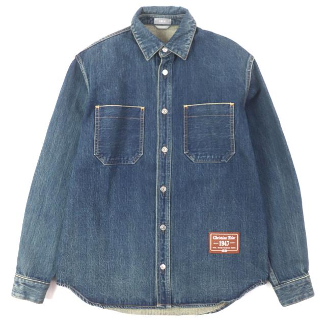 美品▼DIOR ディオール オム 22AW 113D585BY513 レザーロゴパッチ付き ウォッシュ加工 デニムジャケット インディゴ 38 正規品 メンズ