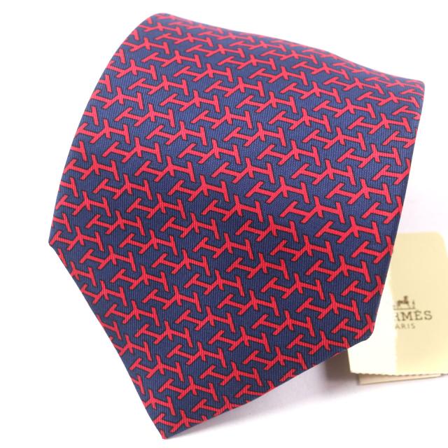 未使用品▼HERMES エルメス シルク100% MARINE/ROUGE クラヴァット Hモチーフ 総柄 ネクタイ フランス製 メンズ ビジネスオススメ◎