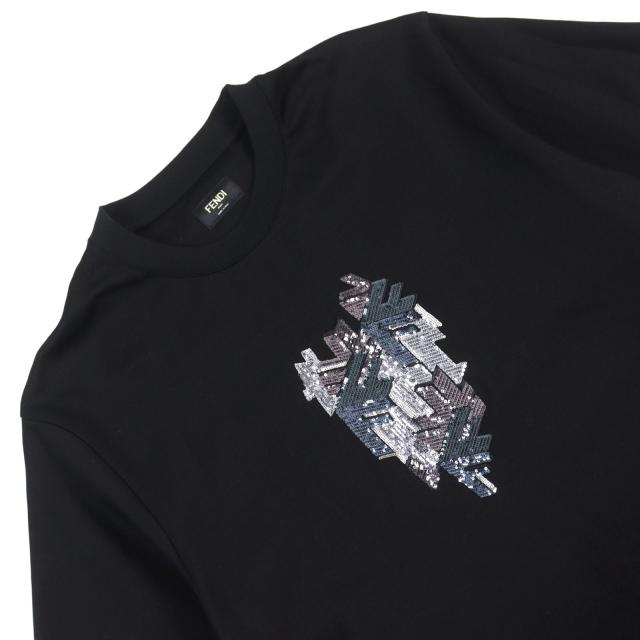 極美品○FENDI フェンディ 2023年製 FY1217 ロゴ入り スパンコール クルーネック 半袖Ｔシャツ ブラック系 M イタリア製 正規品 メンズ_1