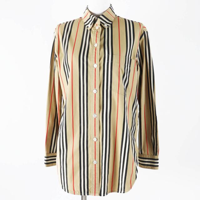 美品◎BURBERRY バーバリー 8011359 コットン アイコンストライプ 長袖シャツ ベージュ 36 正規品 レディース