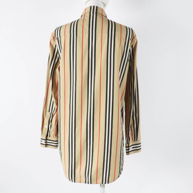 美品◎BURBERRY バーバリー 8011359 コットン アイコンストライプ 長袖シャツ ベージュ 36 正規品 レディース