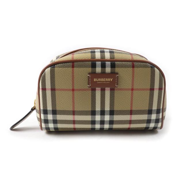 美品★BURBERRY バーバリー 8067159 バーバリー プローサム レザーロゴパッチ付 ノバチェック柄 アクセサリーポーチ ベージュ 箱・袋付
