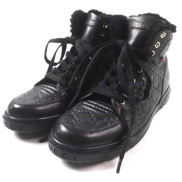 未使用品▼GUCCI グッチ 162958 ウェブライン エンボスロゴ 内ボア シマレザー ハイカットスニーカー ブラック 7.5 箱・保存袋付 メンズ
