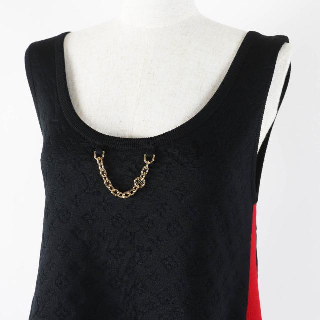極美品◎LOUIS VUITTON ルイヴィトン シルク エンボスモノグラム 　スポーティー タンクトップ ブラック レッド ゴールド金具 S 正規品_1