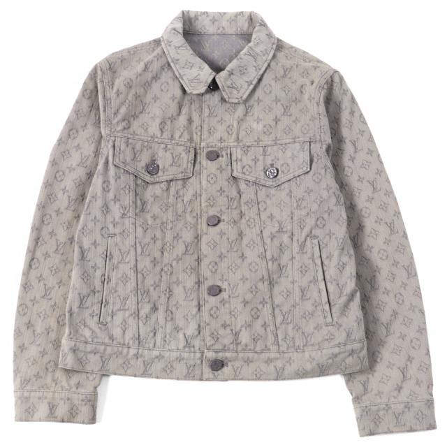 美品○LOUIS VUITTON ルイヴィトン 2021年製 HHA21W ロゴボタン フラップポケット モノグラム デニムジャケット グレー 46 正規品 メンズ