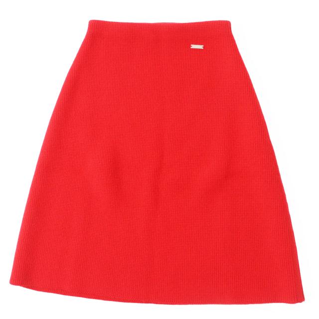 極美品◎Salvatore Ferragamo サルヴァトーレフェラガモ ウール カシミヤ ロゴプレート付 ひざ丈 Aライン ニットスカート レッド M 正規品