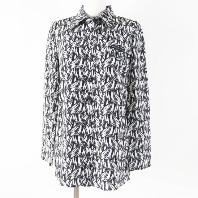 極美品◎PRADA プラダ 18AW P491C シルク100％ バナナ総柄プリント 長袖シャツ ブラック ホワイト 36 イタリア製 正規品 レディース