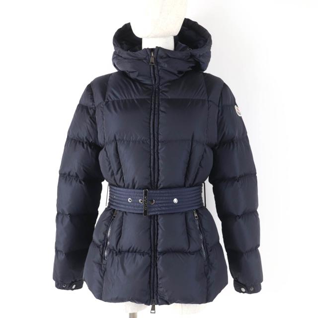美品 MONCLER モンクレール 20AW ILLIEC ロゴワッペン・ベルト・フード付 ダウンジャケット ネイビー 0 正規品 レディース