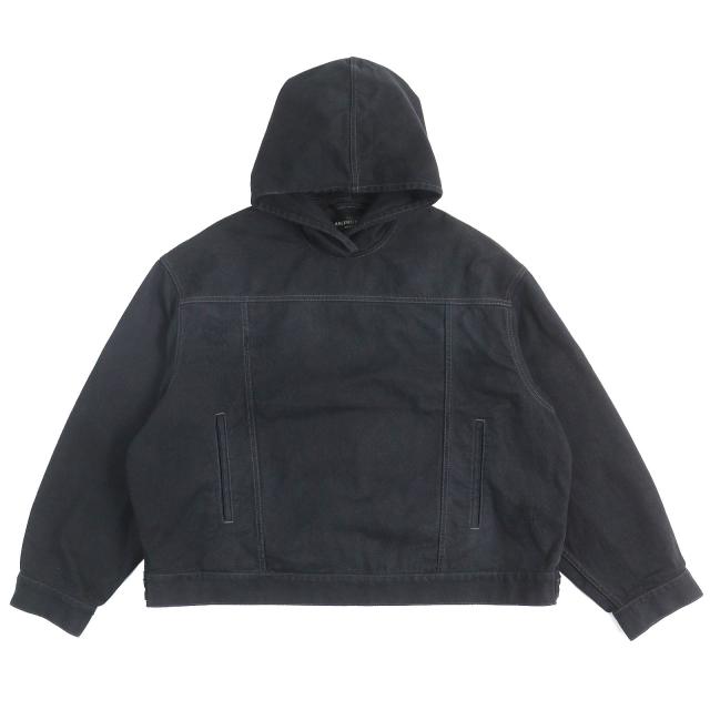 美品△BALENCIAGA バレンシアガ 22AW 719313 TNW54 DENIM FOODIE PULL-OVER PARKER ダメージ加工 デニムプルオーバーパーカー 1 正規品
