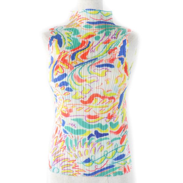 極美品☆PLEATS PLEASE プリーツプリーズ イッセイミヤケ PP11-JK221 総柄デザイン ノースリーブ カットソー マルチ 3 正規品 レディース
