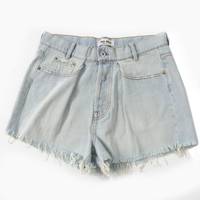 極美品◎MIUMIU ミュウミュウ 2022年製 GWP439 コットン ロゴ カットオフ ショートパンツ ライトブルー 26 イタリア製 正規品 レディース