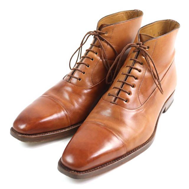 美品○Santoni サントーニ 6466 内羽根式 ストレートチップ レースアップ レザー アンクルブーツ ブラウン 6.5 イタリア製 メンズ
