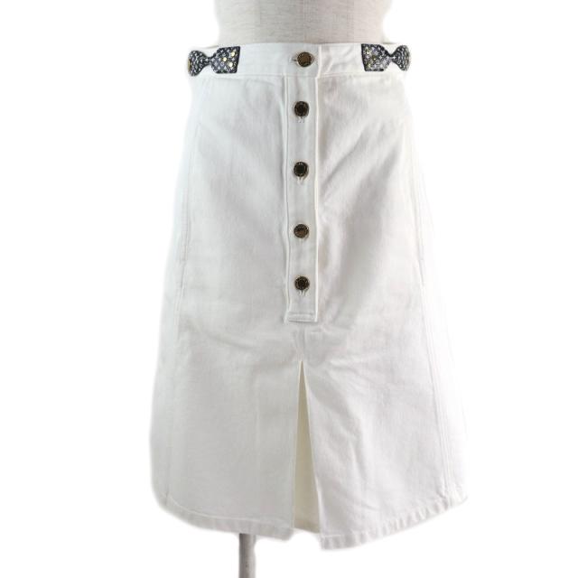 美品★LOUIS VUITTON ルイヴィトン コットン100% モノグラムリボン ロゴボタン付 フロントスリット ホワイトデニム スカート ホワイト 34