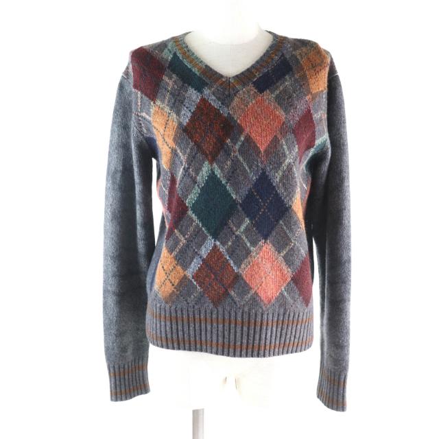 極美品★Christian Dior クリスチャンディオール カシミヤ100％ Bee刺繍 アーガイル柄 Vネック 長袖 ニット マルチ 40 正規品 レディース