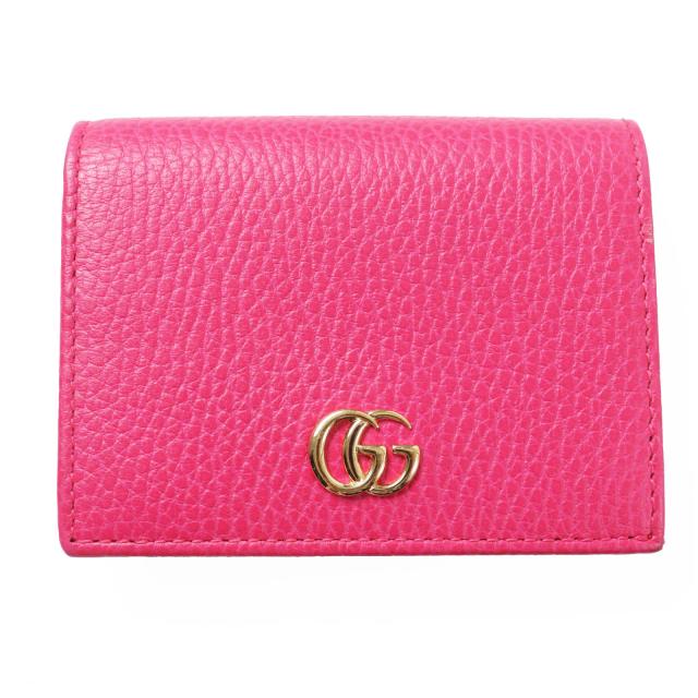 極美品◎GUCCI グッチ 456126 GGマーモント レザー ミニウォレット／二つ折り財布 ショッキングピンク ゴールド金具 箱・保存袋付き 伊製