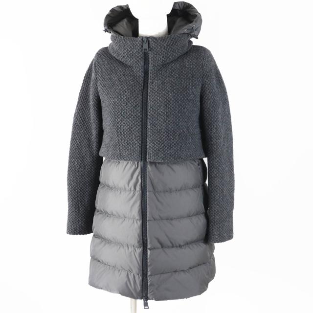 極美品◎Herno ヘルノ 2019年製 PI0822D ニット切替 フード付き ダウンコート グレー 40 ハンガー付き イタリア製 正規品 レディース