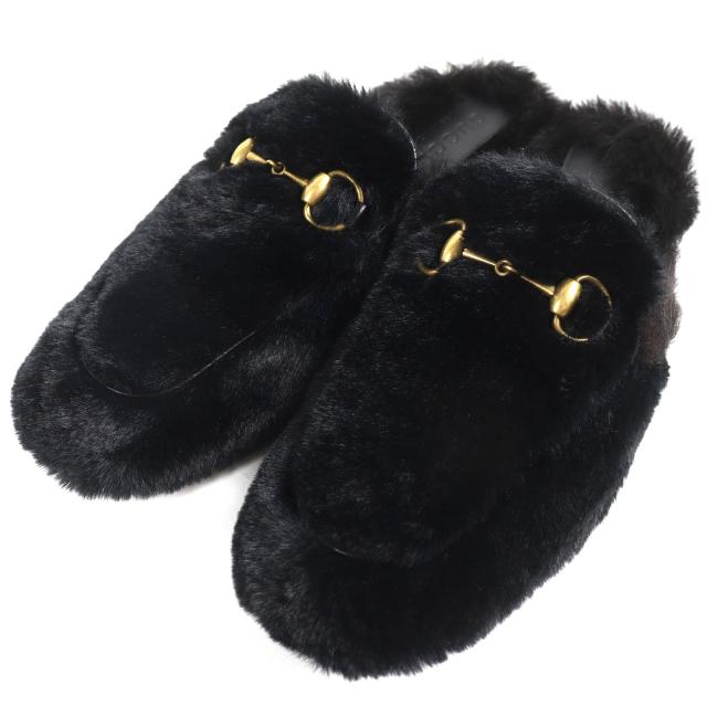 美品△GUCCI グッチ ホースビット レザー使い ファー ミュール スリッパ ブラック系 ゴールド 6 箱・保存袋付き イタリア製 メンズ