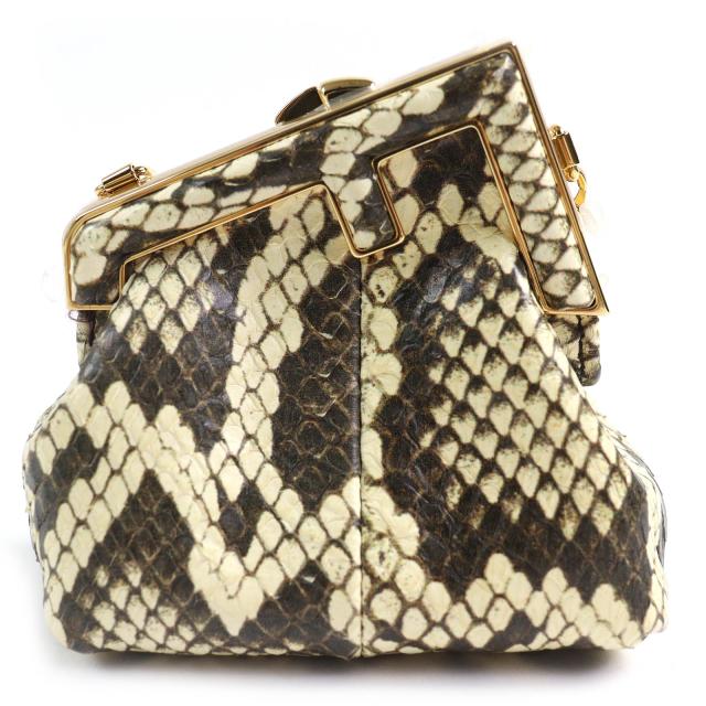 未使用品△FENDI フェンディ FIRST NANO ファースト ナノ パイソン チェーン付き がま口 ポーチ ブラウン ベージュ系 袋付き レディース