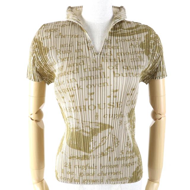 極美品△PLEATS PLEASE プリーツプリーズ イッセイミヤケ PP71-JK816 レタードプリント スキッパー ハイネック カットソー 3 正規品