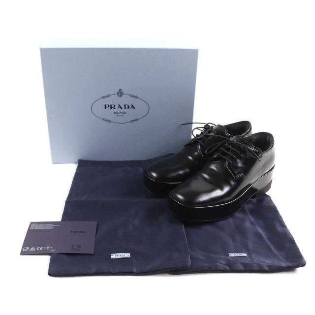 美品★PRADA プラダ バックロゴ プラットフォーム レースアップ レザー シューズ ブラック 35.5 箱・保存袋付き イタリア製 レディース_1
