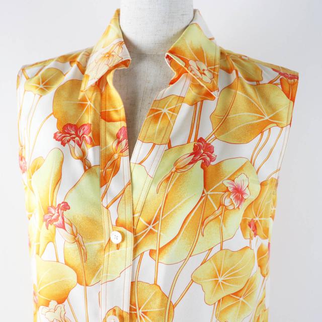 極美品◎HERMES エルメス ヴィンテージ Les Capucines 金蓮花 シルク100％ マルジェラ期 ベスト オレンジ 36 仏製 正規品 レディース_1
