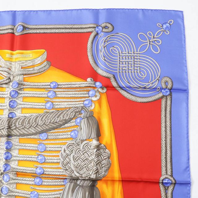 未使用品◎HERMES エルメス カレ90 Galons et Brandebourgs 飾緒とブランデンブルク飾り シルク BL-LAVANDE F／ROUGE スカーフ 箱 正規品_4