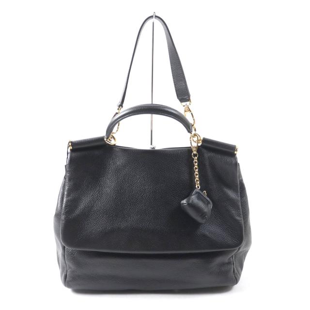 未使用品★DOLCE&GABBANA ドルチェ＆ガッバーナ シシリー がま口チャーム・ロゴ金具付 レザー 2way ハンド・トートバッグ ブラック 袋付