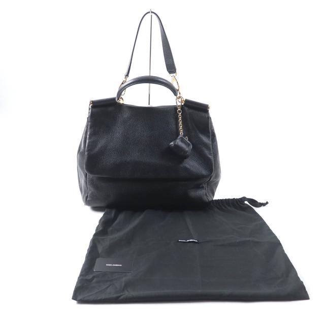 未使用品★DOLCE&GABBANA ドルチェ＆ガッバーナ シシリー がま口チャーム・ロゴ金具付 レザー 2way ハンド・トートバッグ ブラック 袋付