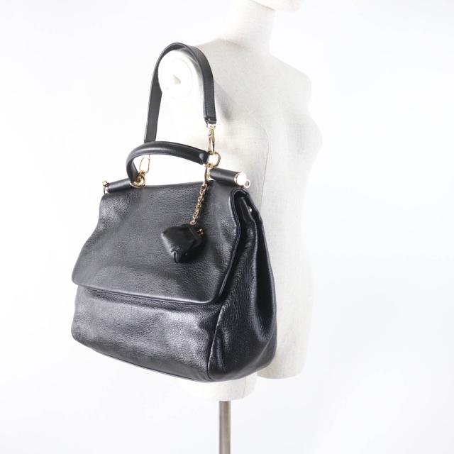 未使用品★DOLCE&GABBANA ドルチェ＆ガッバーナ シシリー がま口チャーム・ロゴ金具付 レザー 2way ハンド・トートバッグ ブラック 袋付