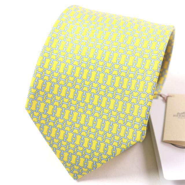 未使用品▼HERMES エルメス シルク100% BANANE/CIEL 2020年購入 クラヴァット チェーン 総柄 ネクタイ 箱付き 仏製 メンズ ビジネス◎