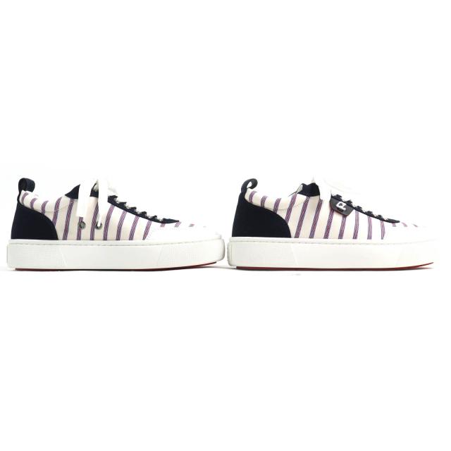 未使用品△Christian Louboutin クリスチャンルブタン HAPPYRUI ボーダー キャンバス レザー使い ローカットスニーカー 36.5 イタリア製_2