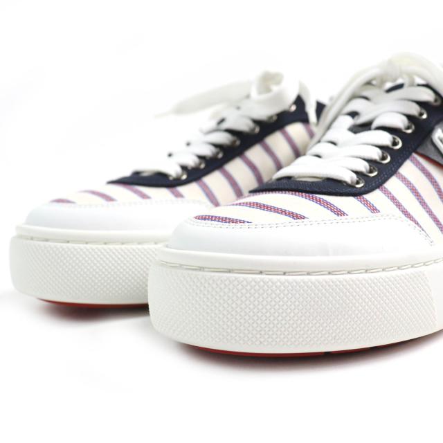 未使用品△Christian Louboutin クリスチャンルブタン HAPPYRUI ボーダー キャンバス レザー使い ローカットスニーカー 36.5 イタリア製_3