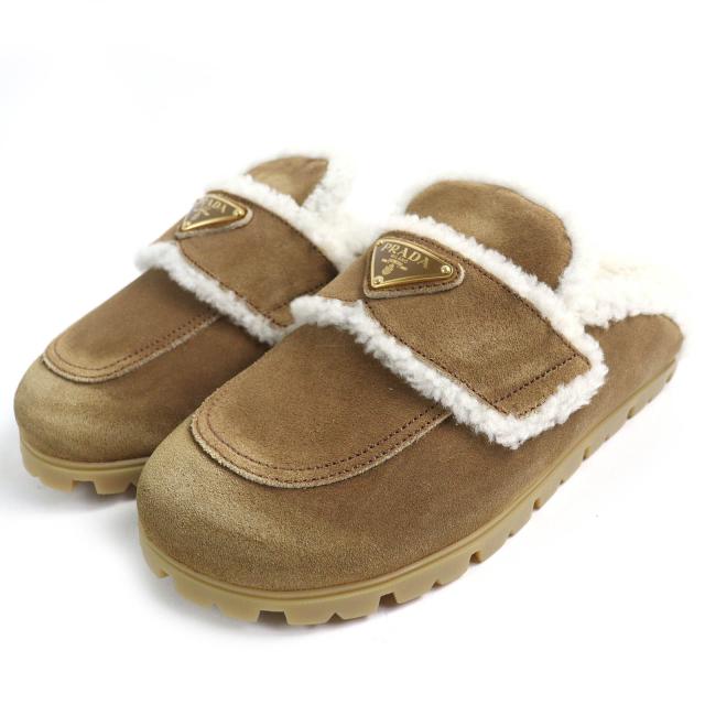 未使用品△PRADA プラダ 1S711M スエード シアリング スリッパ トライアングルロゴ 三角ロゴプレート ミュール サンダル 37 定価187000円