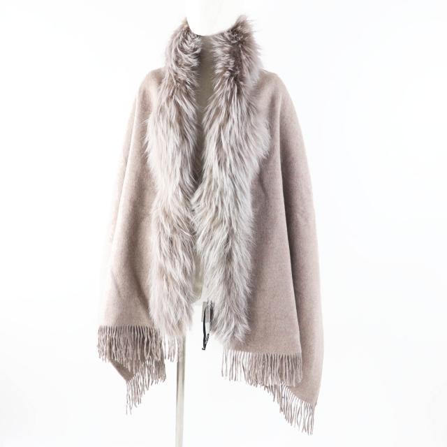 未使用品◎SamRone サムローン 16-011-250-0000-4-0 ウール ラクーンファー・フリンジ付き ショール ベージュ S 正規品 定価154000円