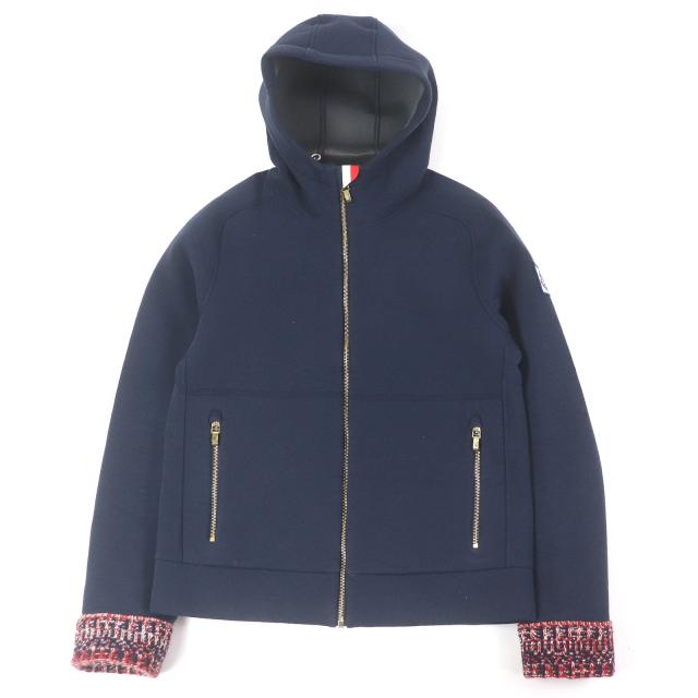 美品□MONCLER GAMME BLEU モンクレール ガムブルー MAGLIA CARDIGAN 袖口ツイード ロゴワッペン ジップパーカー S イタリア製 正規品